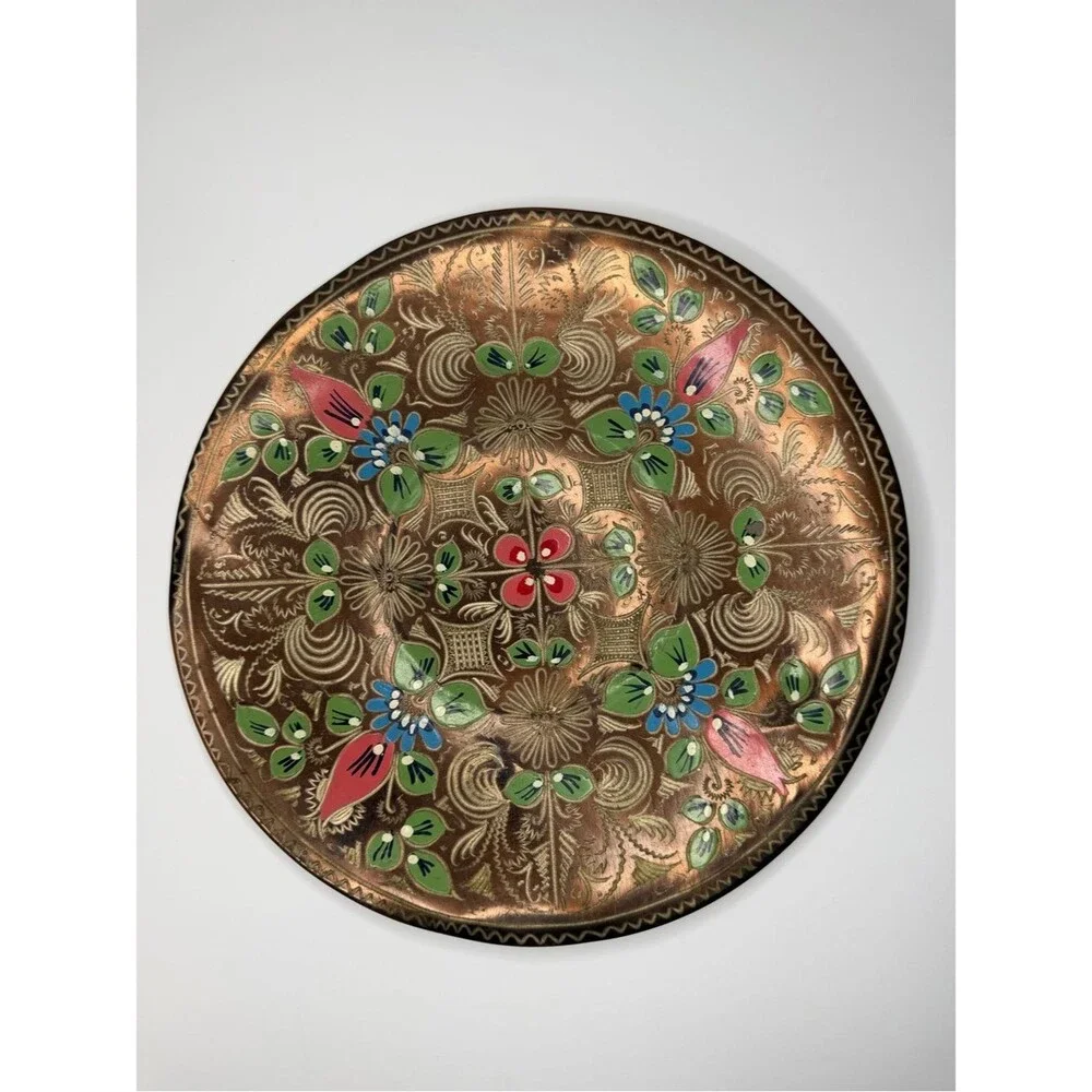 Vintage Turkish Hand Painted Copper Wall Plate 11.5